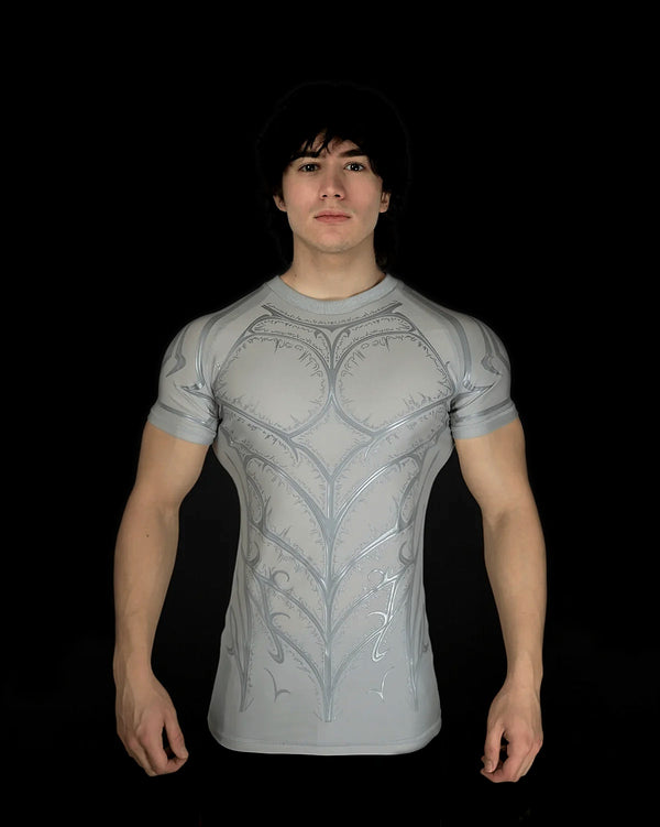 Knight Compression Angel grey compression shirt with glitter grey silicone armor, front view