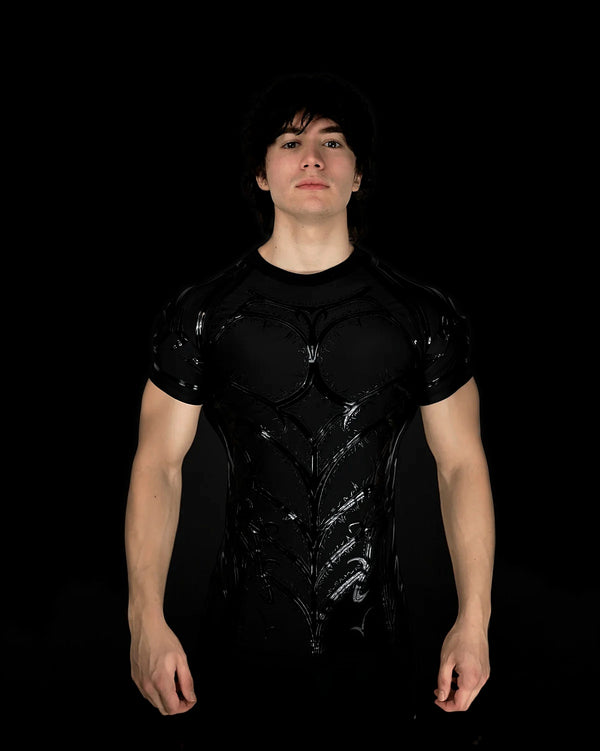 Knight Compression Midnight black compression shirt, front view with 3D silicone armor print