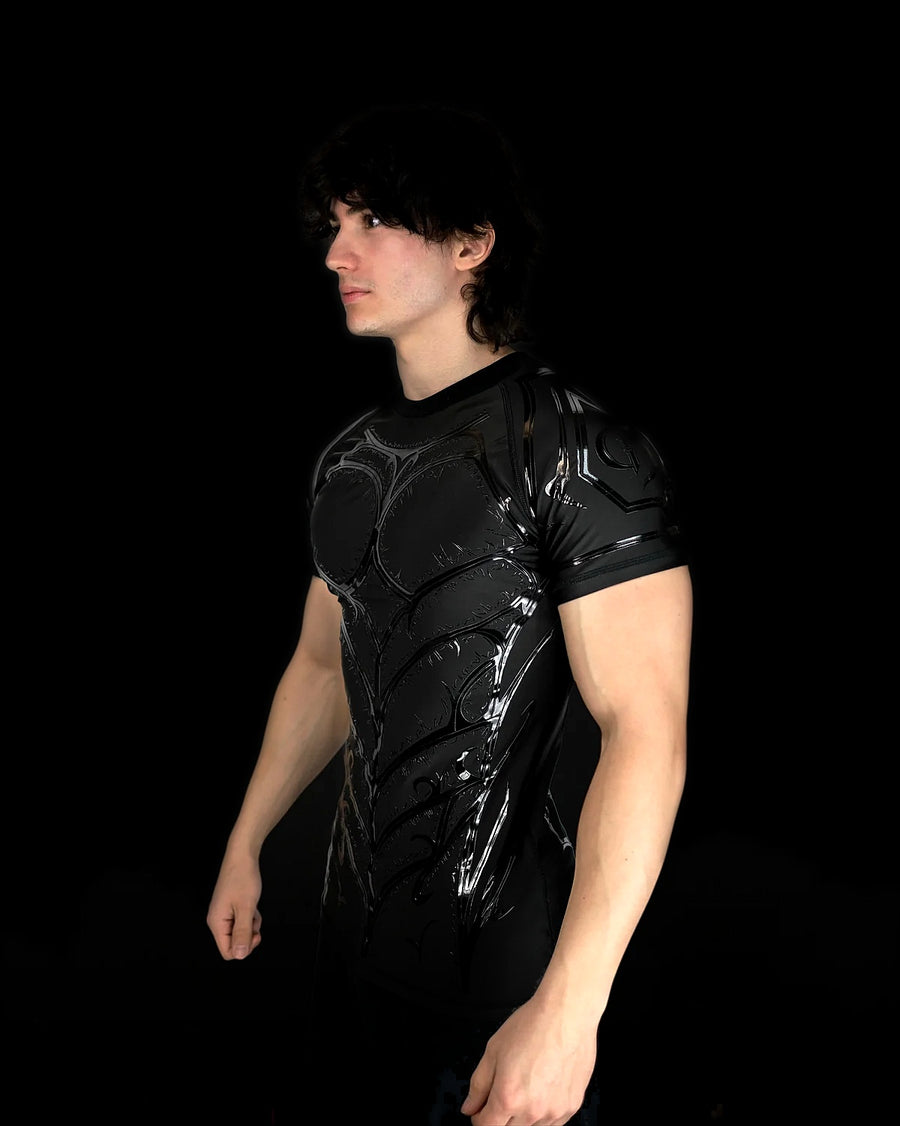 Knight Compression Midnight, three-quarter side view of the DARK ICHOR silicone armor