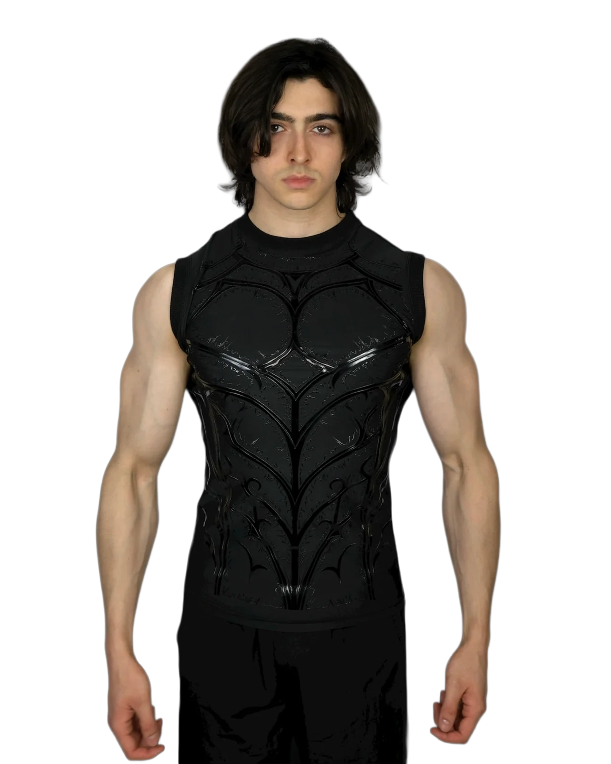 Genesis Compression Midnight sleeveless black compression tank, front view with 3D armor-effect print