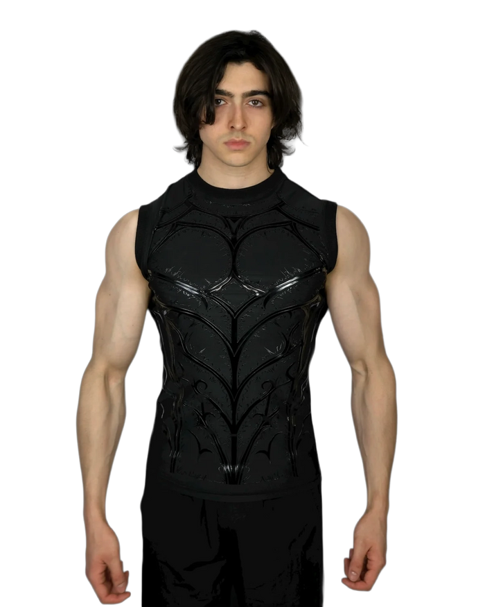 Genesis Compression Midnight sleeveless black compression tank, front view with 3D armor-effect print