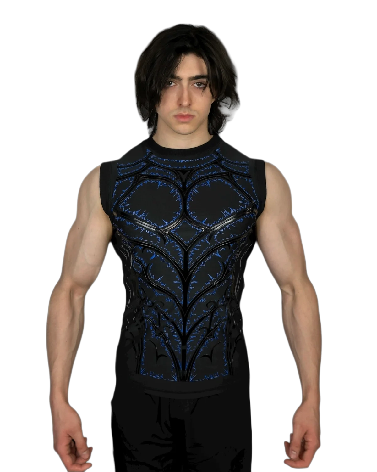 Genesis Compression Blue Soul sleeveless black compression tank with a blue 3D armor-effect print, front view