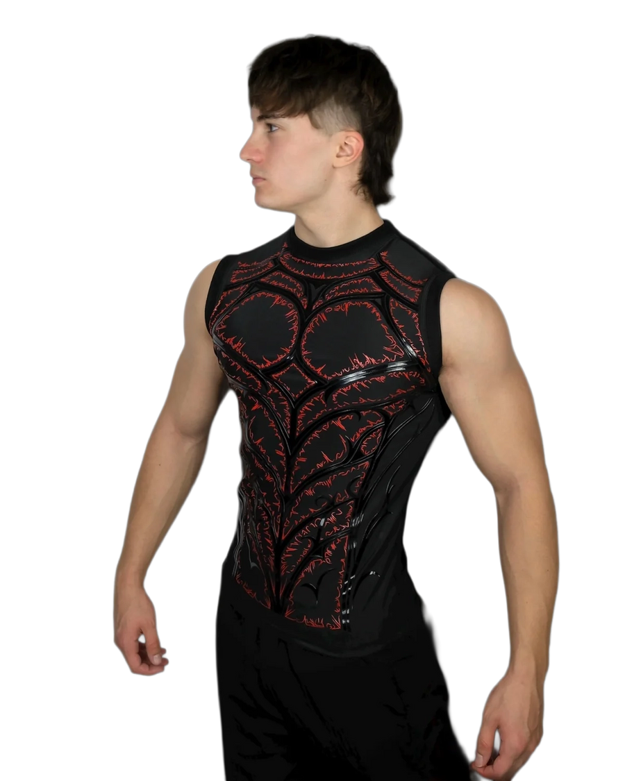 Genesis Compression Blood sleeveless tank, three-quarter view with the red print