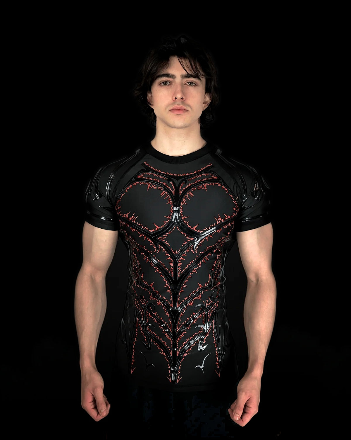 Knight Compression Blood black compression shirt with red runes, front view