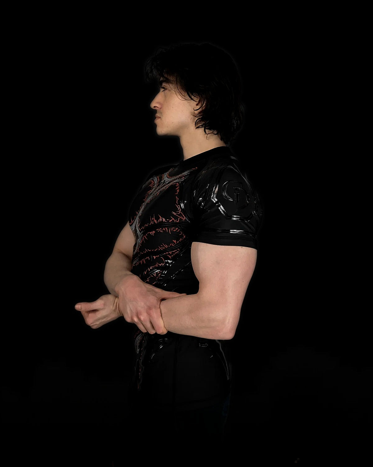 Knight Compression Blood, side profile showing the red runes and silicone armor