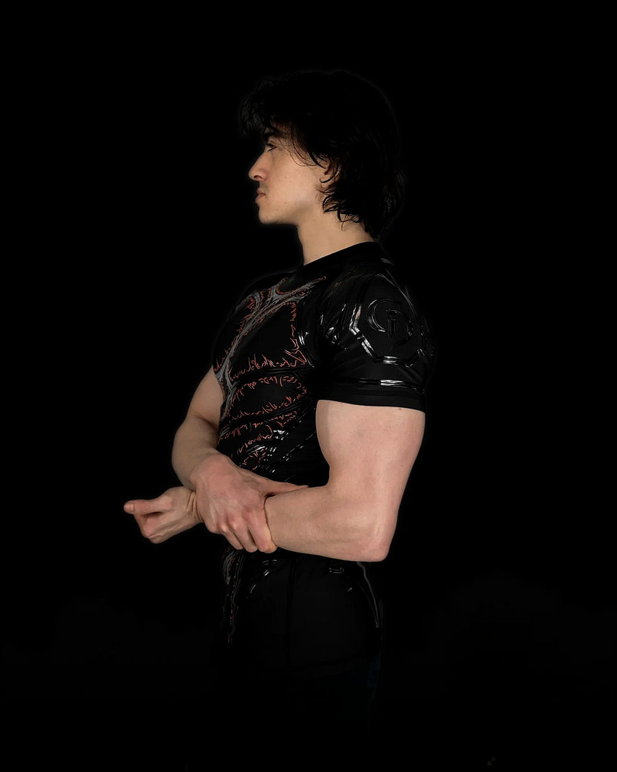Knight Compression Blood, side profile showing the red runes and silicone armor