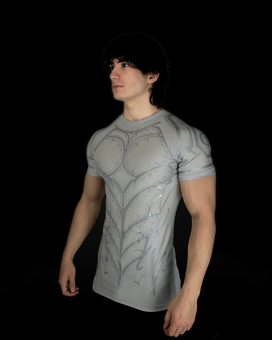 Knight Compression Angel, three-quarter view of the grey silicone armor